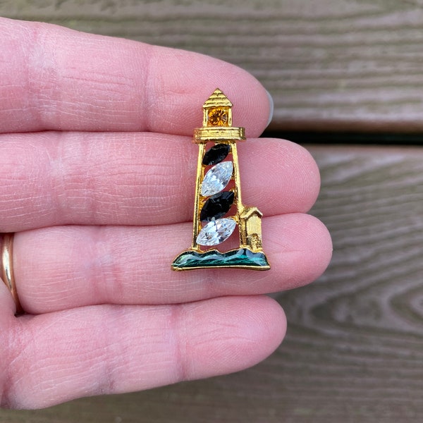 Vintage Jewelry Gorgeous Rhinestone and Enamel Lighthouse Pin Brooch