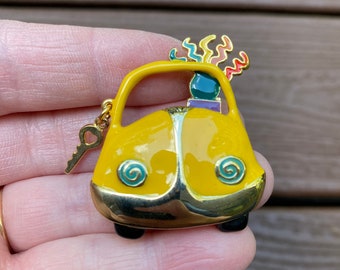 Vintage Jewelry Signed Danecraft Adorable Enamel VW Bug Car Pin Brooch