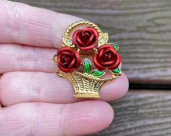 Vintage Jewelry Beautiful Red Rose Flowers in Basket Pin Brooch