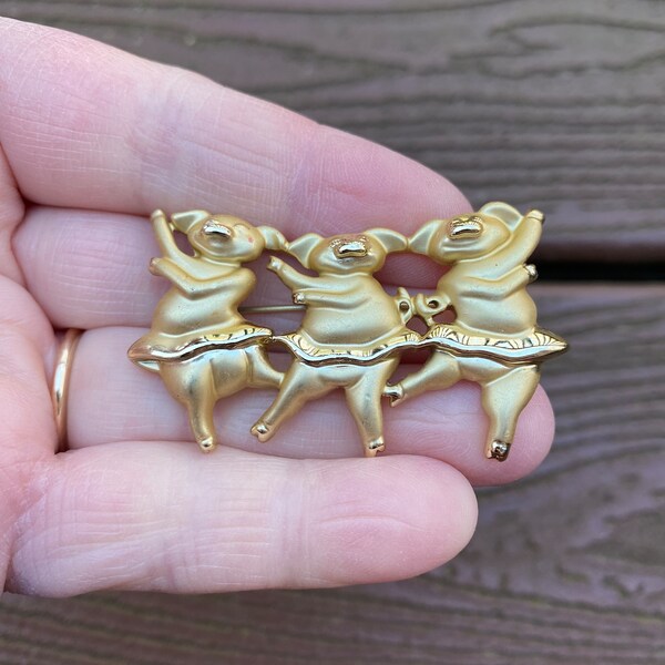 Vintage Jewelry Adorable Signed Gold Tone Dancing Ballerina Pig Trio Pin Brooch