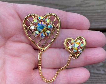 Vintage Jewelry Beautiful Gold Tone and Aurora Borealis Rhinestone Chatelaine Hearts Pin Brooch