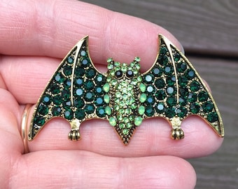 Vintage Jewelry Stunning Halloween Bat with Green Rhinestones Pin Brooch and Pendant