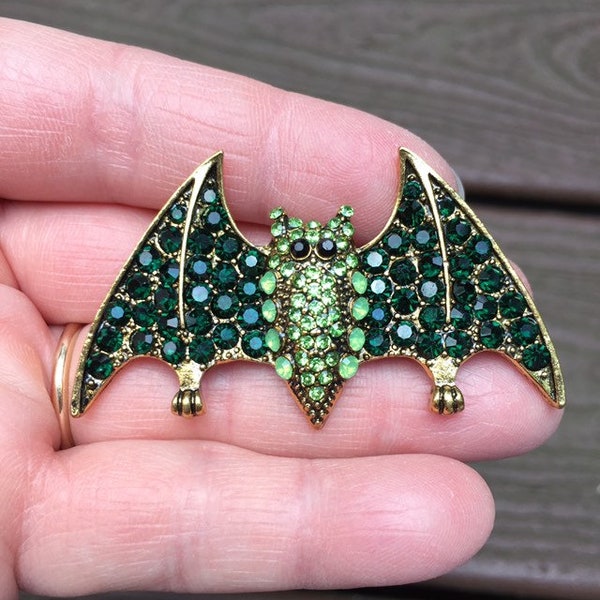 Vintage Schmuck Atemberaubende Halloween Fledermaus mit Grünen Strass Pin Brosche und Anhänger