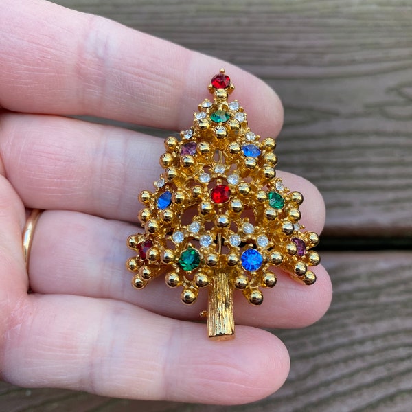 Vintage Jewelry Signed Eisenberg Beautiful Gold Tone and Rhinestone Christmas Tree Pin Brooch