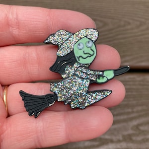 Vintage Jewelry Adorable Sparkly Witch with Googly Eyes on Broom Halloween Pin Brooch