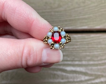 Vintage Jewelry Signed Avon Beautiful 1970s New Old Stock Red Rhinestone and Pearl Adjustable Ring