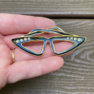 Vintage Jewelry Adorable Black Enamel and Rhinestone Cat’s Eye Glasses Eyeglasses Pin Brooch