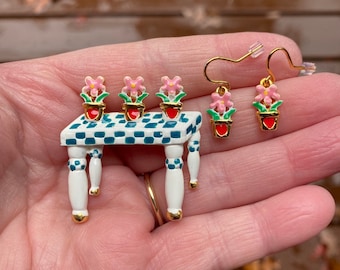 Vintage Jewelry Signed Danecraft Adorable Enamel Table with Flowers Pin Brooch & Matching Pierced Earrings
