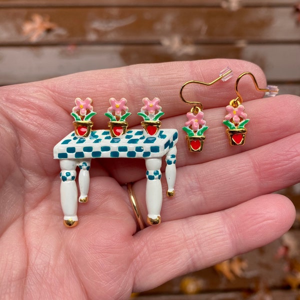 Vintage Jewelry Signed Danecraft Adorable Enamel Table with Flowers Pin Brooch & Matching Pierced Earrings