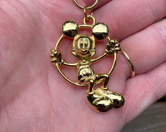 Vintage Jewelry Signed Disney Adorable Gold Tone Mickey Mouse on Swing Necklace