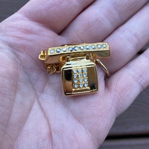 Vintage Jewelry Signed Etienne Aigner Beautiful Rare Gold Tone and Rhinestone Old Fashioned Telephone Phone Pin Brooch