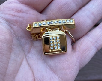 Vintage Jewelry Signed Etienne Aigner Beautiful Rare Gold Tone and Rhinestone Old Fashioned Telephone Phone Pin Brooch Etsy