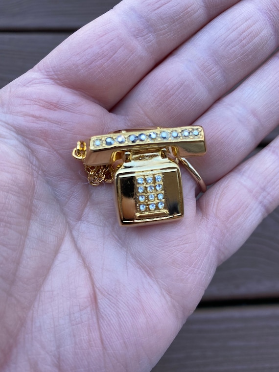 Vintage Jewelry Signed Etienne Aigner Beautiful Rare Gold Tone and Rhinestone Old Fashioned Telephone Phone Pin Brooch Etsy