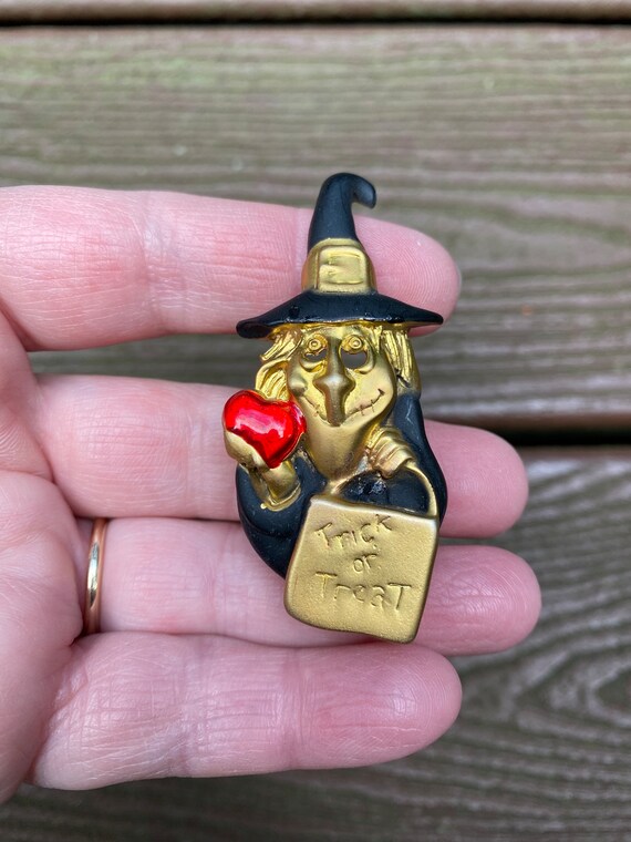 Vintage Jewelry Signed Danecraft Witch With Trick or Treat Bag