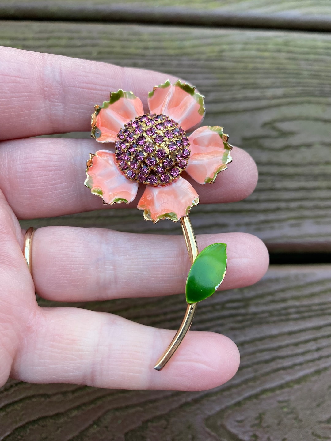 Broche émaillée Vintage Michel Lebrun - Fleurs émail Noir, Or Et Argent