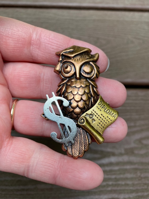 Vintage Jewelry Adorable Mixed Metal Graduate Owl With Diploma - Etsy