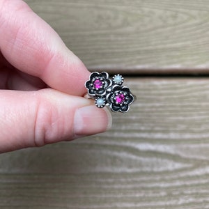 Vintage Jewelry Signed Avon Beautiful 1970s New Old Stock Rosegay Purple Rhinestone Flowers and Pearls Adjustable Ring