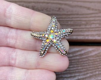 Vintage Jewelry Beautiful Gold Tone and Aurora Borealis Rhinestone Starfish Pin Brooch