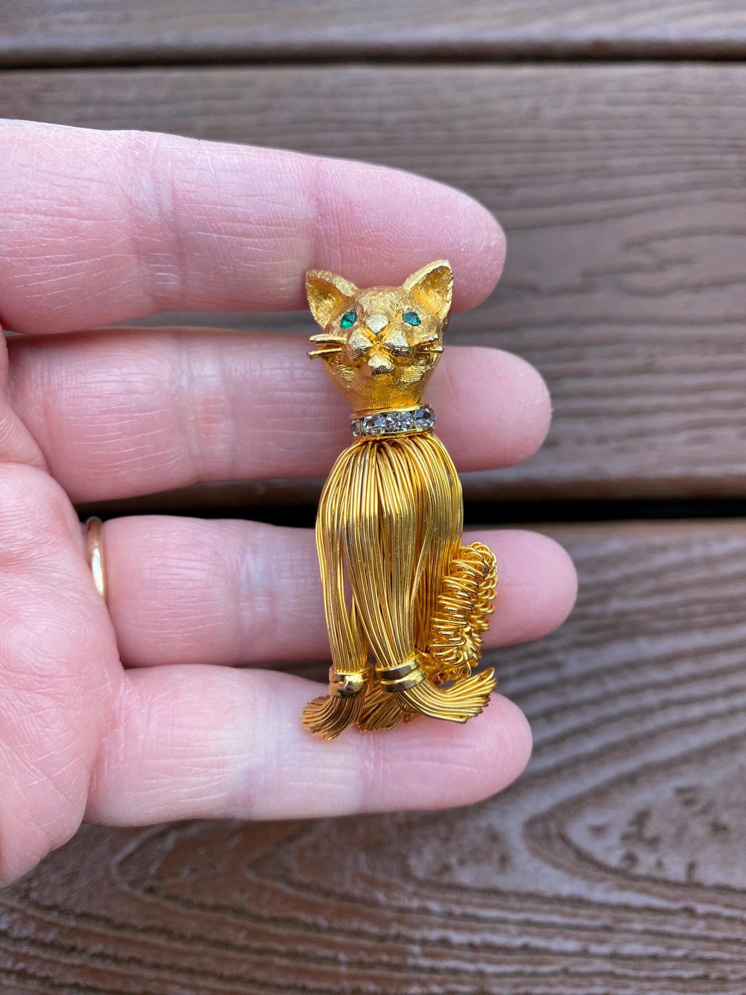 Vintage Jewelry Beautiful Gold Tone Spaghetti Wire and Rhinestone Kitty ...
