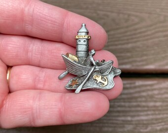 Vintage Jewelry Adorable Lighthouse with Fisherman in Boat Pin Brooch