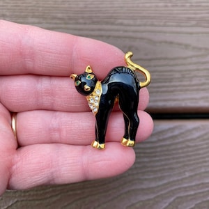 Vintage Jewelry Beautiful Enamel and Rhinestone Black Kitty Cat Pin Brooch