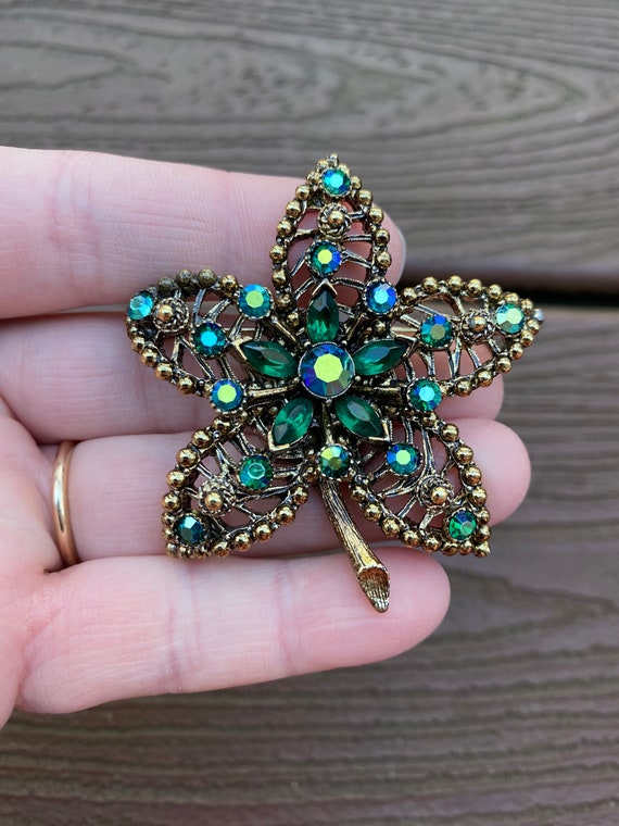Vintage Jewelry Exquisite Green AB Aurora Borealis Rhinestone Leaf Pin Brooch