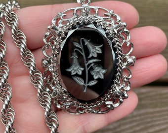 Vintage Jewelry Signed Whiting and Davis Beautiful Hematite Intaglio Cameo of Woman Victorian Revival Necklace