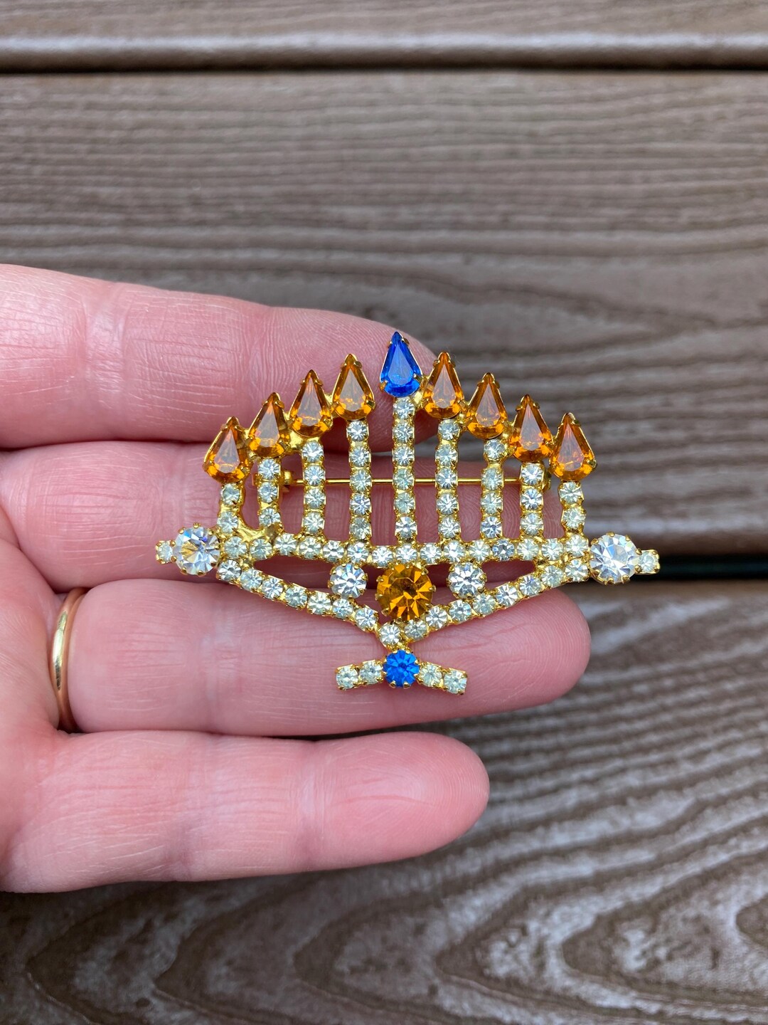 Vintage Jewelry Gorgeous Gold Tone and Rhinestone Hanukkah Menorah ...