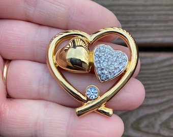 Broche Cœur Dorée Avec Strass - Bijou Vintage Occasion