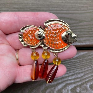 Vintage Jewelry Beautiful Orange Enamel Tropical Fish with Bead Dangles Pin Brooch