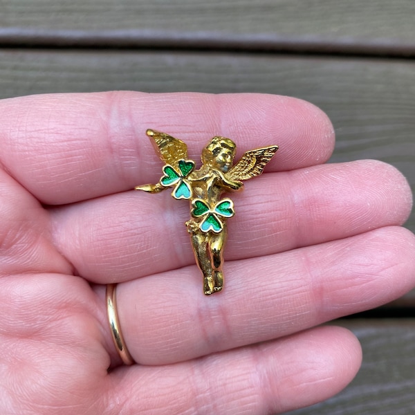 Vintage Jewelry Beautiful Angel with Shamrocks Pin Brooch