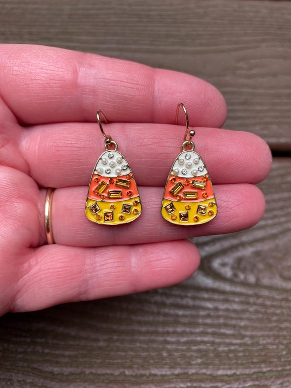 Vintage Jewelry Beautiful Enamel Rhinestone and Pearl Candy Corn Halloween Pierced Dangle Earrings