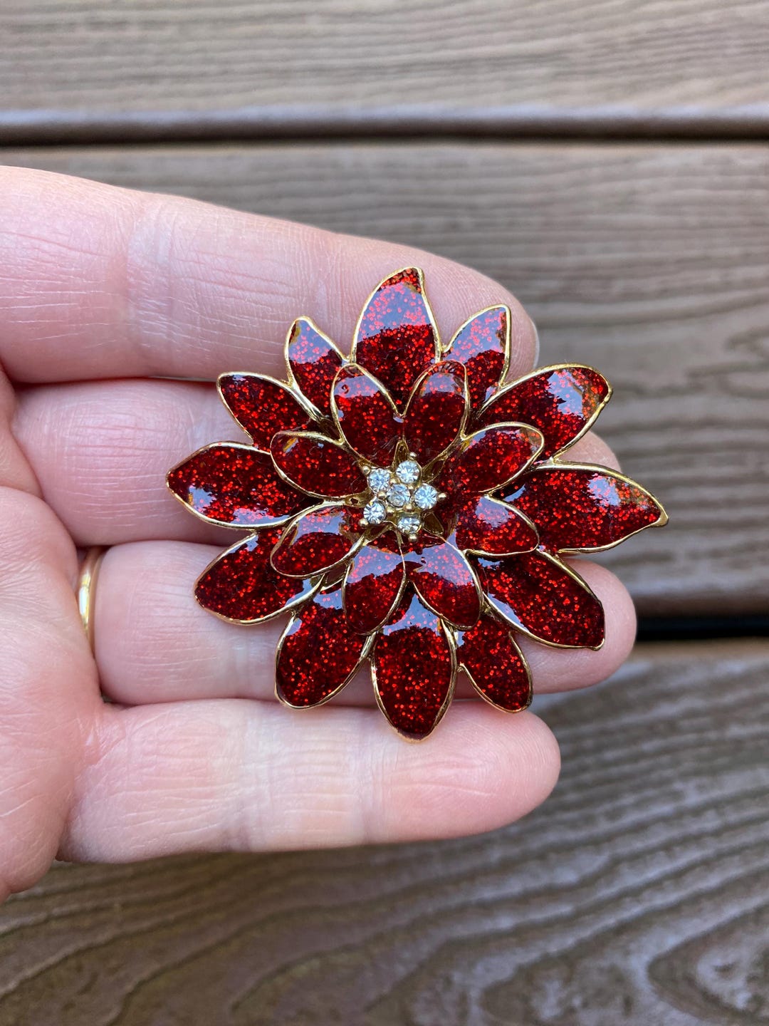 Beautiful Vintage Red Rhinestone Poinsettia Brooch