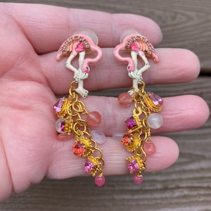 Vintage Jewelry Signed LATR Lunch at the Ritz Gorgeous Flamingo Pierced Dangle Earrings