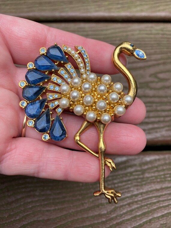 Peacock Rhinestone & Pearl Brooch