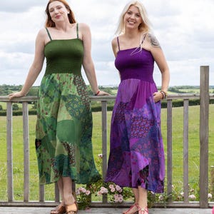 Cora Patchwork Summer Dress with Pockets – Boho Hippie Cotton Dress | Adjustable Straps, Shirred Bodice, Plus Size Women