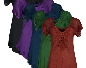 Top boho bordado – Blusa acampanada de rayón con detalle de lentejuelas