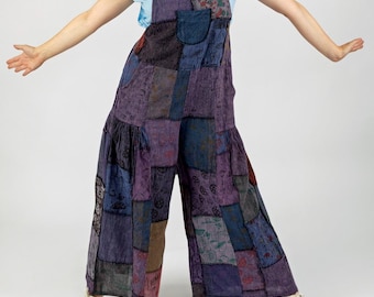 Mushroom Patchwork Flared Dungarees, Boho Cotton Jumpsuit