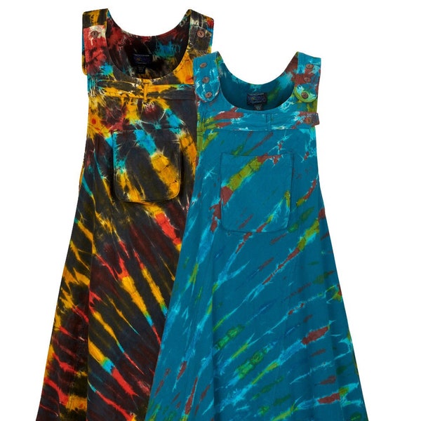 Overall dress Long length tie dye pinafore dress with rainbow tie dye hippie vintage handmade apron dress