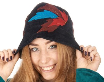 VELVET and silk gheri patchwork winter hat with leaf design fairy NATURE inspired art deco happy hippy boho