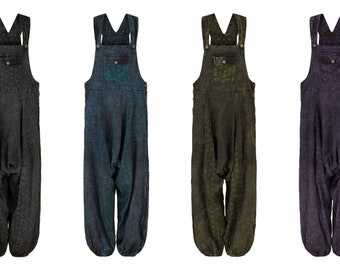Womens Natural Cotton Overalls Lightweight Plain Festival Dungarees Harem Pants