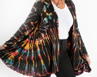 Cárdigan abierto con estampado tie-dye: bajo con volantes, algodón elástico
