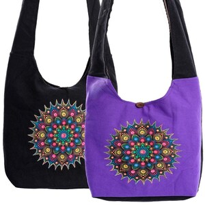 Rainbow mandala shoulder bag purple black colour multicolour mandala over the shoulder bag large bag