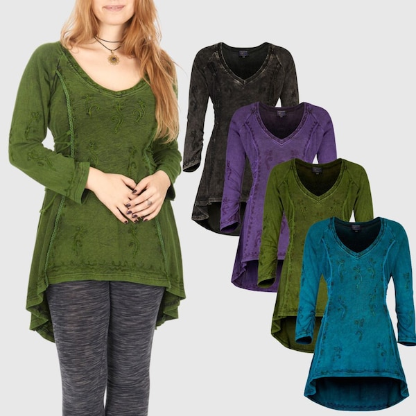 Enchanting and flattering embroidered hi-lo hem PAGAN style tunic with lacing HIPPIE clothes up to PLUS size