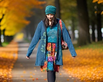 Floral Print Fleece Lined Jacket, Long Hooded Coat