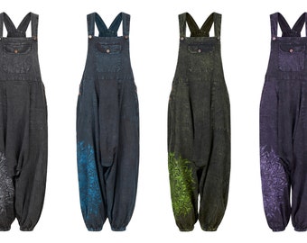 Hippie unisex stonewash Mandala harem Dungarees with pockets festival pagan pixie clothing up to PLUS size