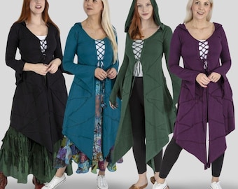 Raven Long Sleeved Lace-Up Waistcoat | Hooded Witchy Top with Pixie Hem