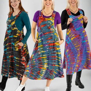 Oriana Long Tie Dye Pinafore Dress – Boho Cotton Midi Dress with Pockets, Adjustable Straps, Coconut Buttons, Plus Size