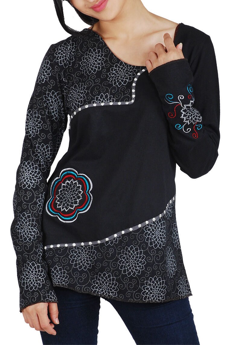 Image of Bohemian Party Top Long Sleeve Hippie Top, Festival Clothes, Pagan Handfasting Plus Size Black With Embroidery