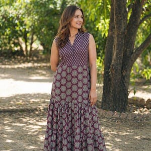 burgundy flowy maxi dress Sky to Moon Blaire Burgundy Satin Maxi Dress | Wine Babydoll Tiered Fit-and-Flare A-Line Corset Top main image 1